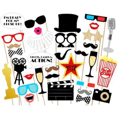 33pcs Oscar Photo Booth Props Party Glasses Masks Hat Mustache Lip Funny Photobooth Props Photograph Birthday Party Decoration