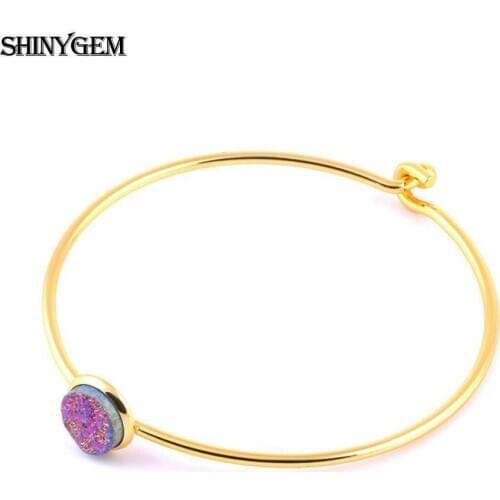ShinyGem Gold Plating Bracelets 10mm Round Colorful Druzy Natural Stone Bangles Adjustable Fashion Gold color Bangles For Women
