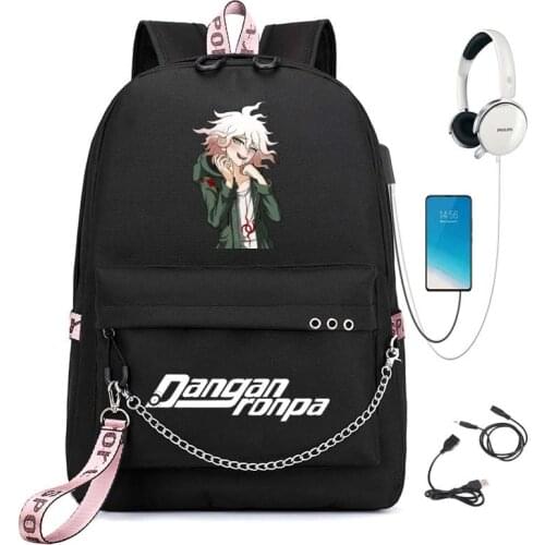 Danganronpa School Bags Nagito Komaeda Mochila Travel Bags Laptop Chain Headphone USB Port Backpack Teens Girls Boys School Bags