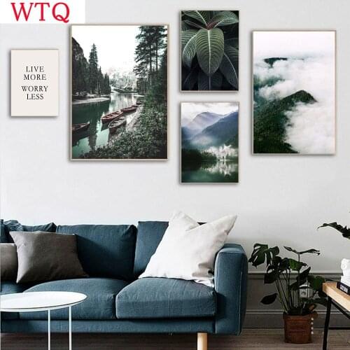 Mountain Fog Nordic Poster Lake Boat Canvas Prints Travel Nature Landscape Print Scandinavian Painting Picture Living Room Decor