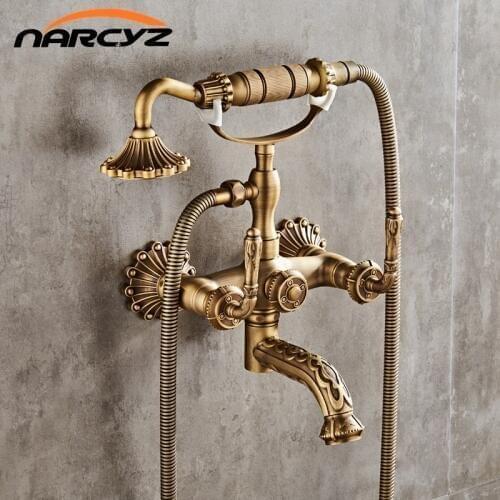 Luxury Antique Brass Bathroom Faucet Mixer Tap Wall Mounted Hand Held Shower Head Kit Shower Faucet Sets XT334