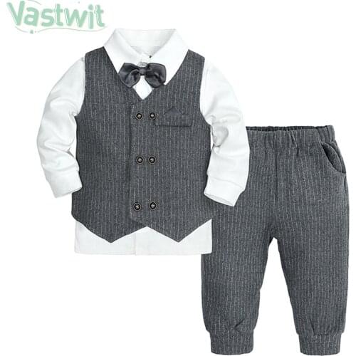 Spring Autumn Baby Boy Formal Gentleman Suit White Baptism Costume Shirt with Bow Tie+Striped Vest+Trouser 3Pcs Kids Clothes Set