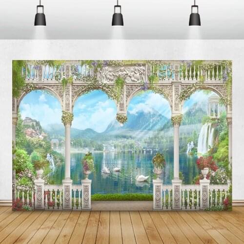 Vintage Arch Door Spring Vine Swan Lake Mountain Flowers Scenic Photo Backdrops Photographic Backgrounds Photocall Photo Studio