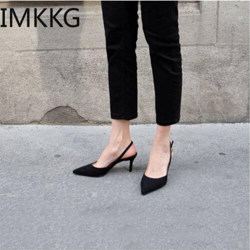2019 Women summer shoes lady buckle Office Thin high Heel Solid Pumps Pointed Toe Princess Sexy Slingback Fashion Shoe A00214