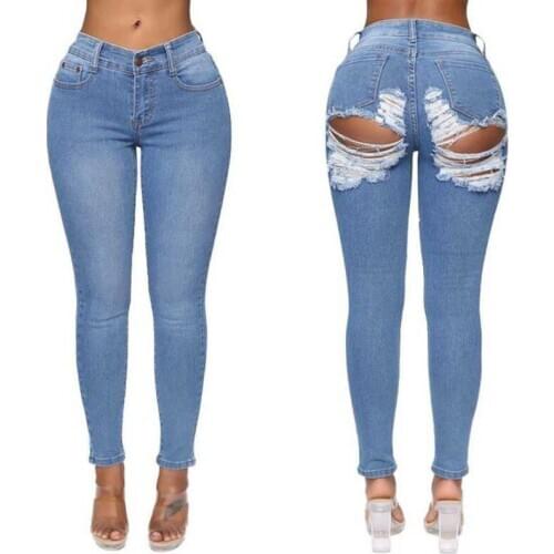 Women Skinny Denim Trousers Sexy Plain Ripped Stretch Jeans Distressed Pants