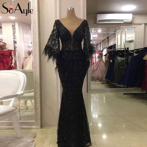 SoAyle Long Feather Prom Dresses Sexy Black Glitters Lace Evening Dress Robe De Soiree Saudi Arabia Dubai Moroccan Formal Party