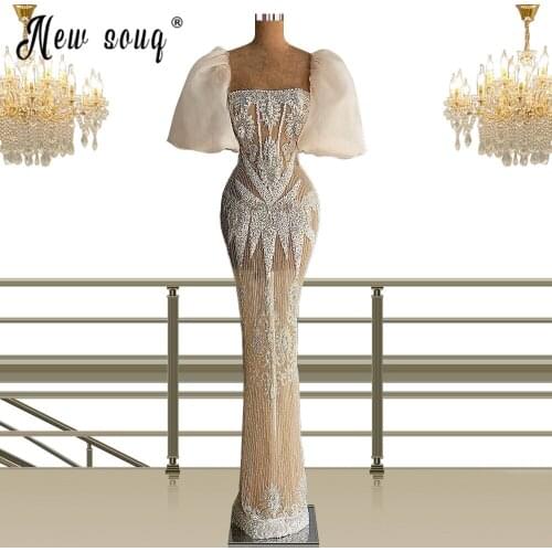 Rhinestones Mermaid Evening Dress Square Neck Puff Sleeve Prom Gowns Women Pageant Long Robes De Soiree Birthday Party Wear