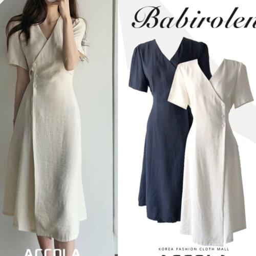 Vintage French style dress women 2021 summer v neck romantic slim high waist midi dress a-line