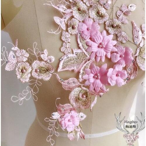 1 Piece 34*30cm 3D Flower Colorful Mesh Embroidered Floral Lace Applique Luxury Rhinestone Pearl Bead Lace DIY Lace Fabric Trim