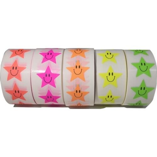 5 Rolls Pentagram Fluorescence Smiley Stickers Diameter 25mm Product Seal Labels Kids DIY Stickers Scrapbooking 500 Pcs Per Roll