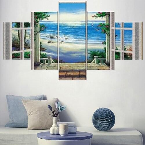 5 Pieces Wall Art Canvas Painting Seaview Beach Poster By The Window Home Decoration Pictures Modern For Living Room Modular