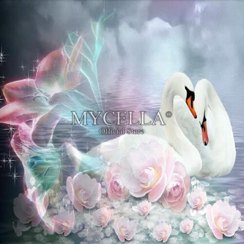 Needlework 5d Diy Diamond Painting Cross Stitch Swan With Flowers Full Round Pictures Home Decoration Diamond Embroidery Mosaic