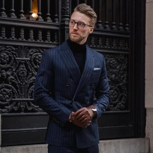 ANNIEBRITNEY Double Breasted Men Navy Slim Fit Stripe Suit 2 Piece Business Men Custom High End Suit Stripe Groom Wedding Tuxedo
