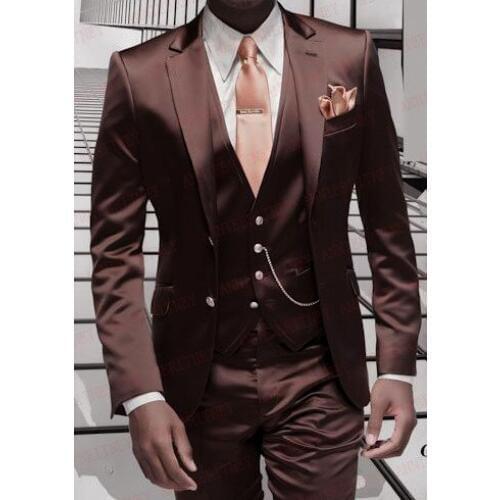 ANNIEBRITNEY Fashion Brown Satin Men Suit Set Prom Dinner Party Wedding Tuxedo Slim Fit Groom Suits Custom Formal Blazer Pants