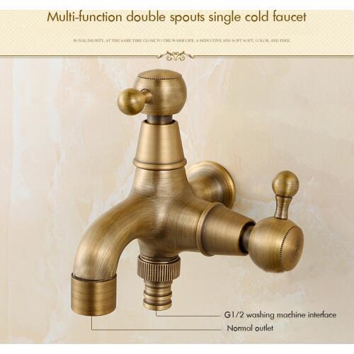 Antique Brass Double Spouts Laundry Bathroom Wall Mount Washing Machine Faucet Single Cold Tap Decorative Outdoor Garden Faucet