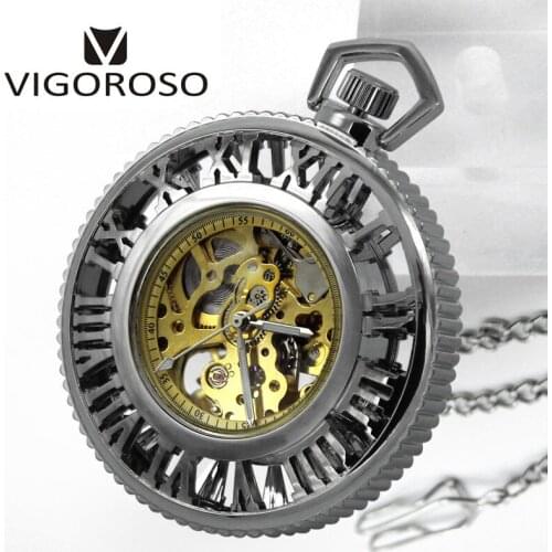 VIGOROSO Silver Steel Skeleton Casing Roman Mechanical Pocket Watch Men Vintage Hand Wind Clock Pocket & Fob Watches Chain Gifts