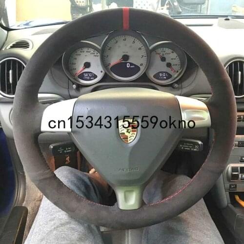 Customized DIY Black Suede Red Marker Steering Wheel Red Stitch On Wrap Cover For Porsche 996 911 Cayman S 2006-2007