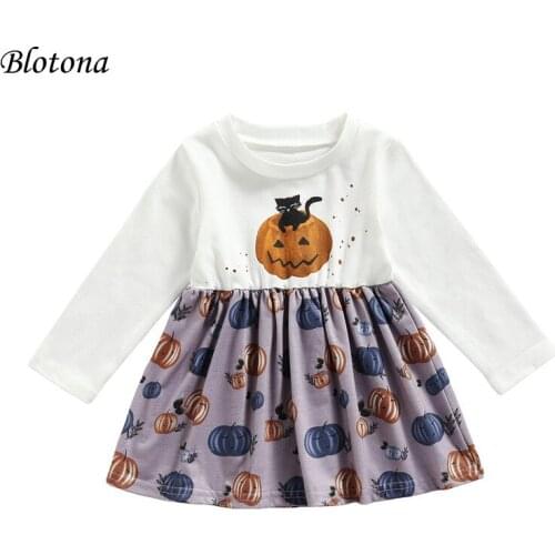 Blotona Kids Princess Dress, Girls Halloween Pumpkin Print O-Neck Long Sleeve dress for Summer, 6 Month-4 Years