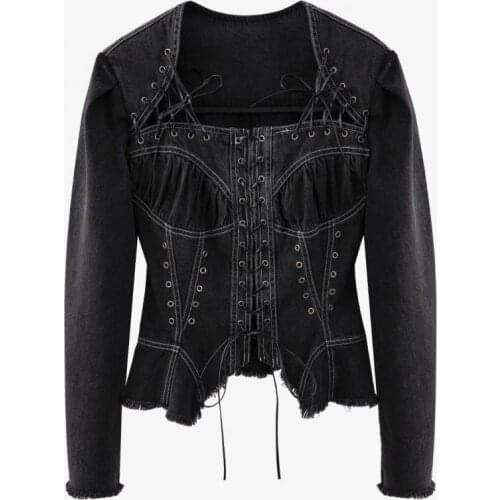 Aurance Square Collar Bandage Denim Jackets for Women 2021 Black Jeans Irregular All Match New Fashion Coats Womens Clothing