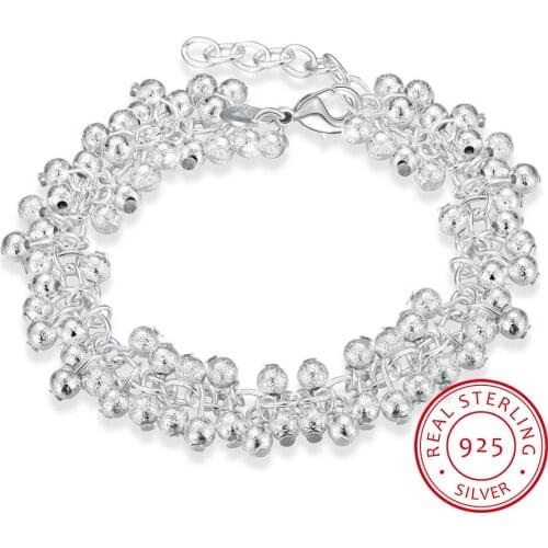 LEKANI Womens Fine Jewelry 925 Sterling Silver 19cm Chains Sand Light Beads Grape Charms Bracelet Bangle Pulseiras de Prata