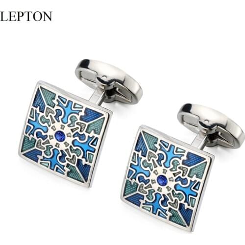 Lepton Blue Enamel Cufflinks Romantic Crystal Cuff Links Gift for Mens Fathers Day Lover Friend Wedding Anniversaries Birthdays