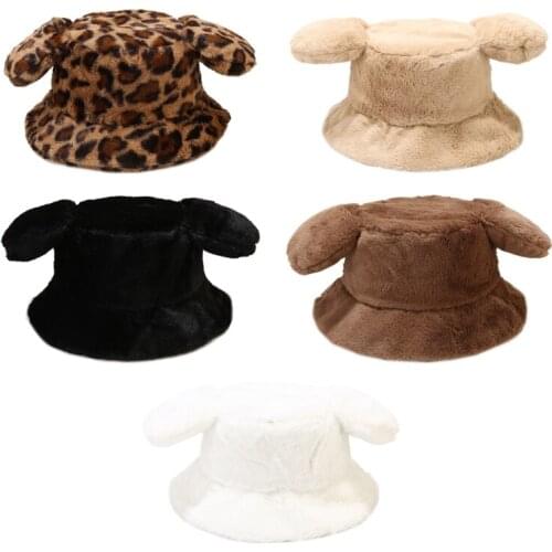 L5YA Cute Casual Big Ear Faux Rabbit Fur Fisherman Solid Color/ Leopard Print Hat
