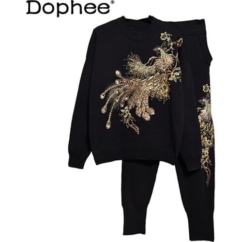 European Style Fashion New Spring and Autumn 2 Piece Set Phoenix Knitted Sweater Harem Pants Elegant Slimming solid colour Suit