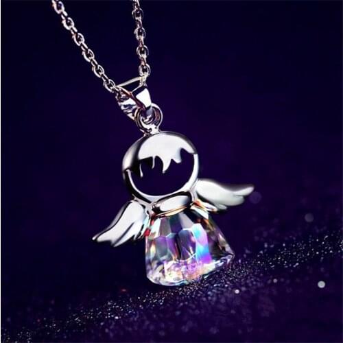 Cute Female Crystal Stone Pendant Necklace Charm Sterling Silver Chain Necklaces For Women Trendy Angle Wing Wedding Necklace