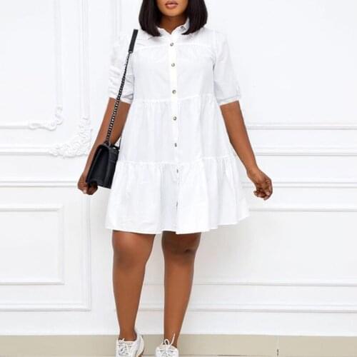 Women Shirt Dress Summer Short Sleeve Button Up Loose Pleated Mini Dress White Office Lady Casual 2021 Fashion Female Clothing
