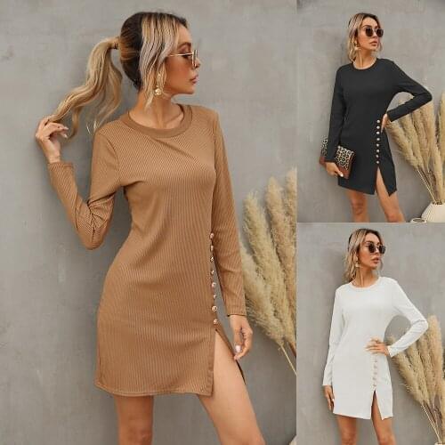 Women 2021 Spring Autumn O Neck Button Split Long Sleeve Sexy Club Party Dress Elegant Casual Work Wear Dress Fashion Streetwear