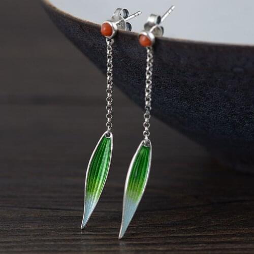 Real S925 Sterling Silver Female Chinese Scenery Thai Blue Shaolan South Red Bamboo Leaf Earrings Exquisite Gift Jewelry
