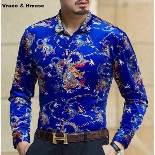 Chinese style dragon totem printing fashion boutique long sleeve shirt Autumn 2017 New gold velvet high-quality men shirt M-XXXL