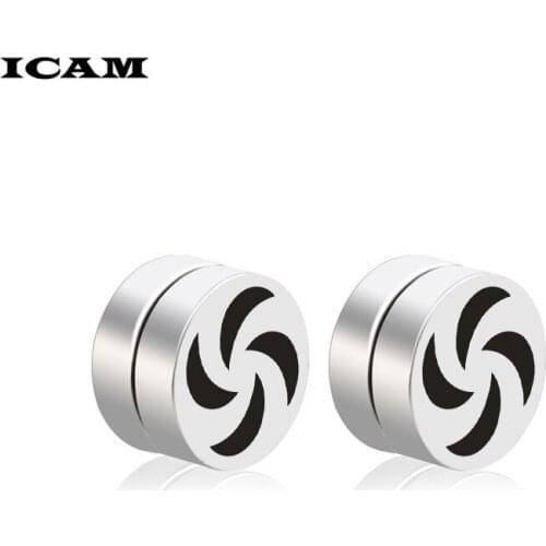 ICAM Hot Double Side Black Magnet Round Circle Stud Earrings Stainless Steel Mens Magnetic Ear Studs