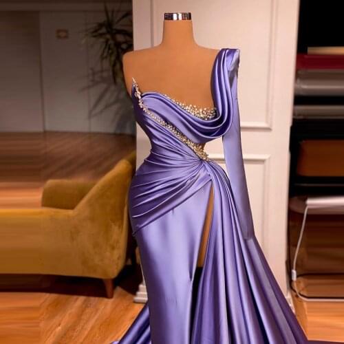 Chic One Shoulder Prom Dresses Long Sleeves Side High Split Sequins Crystals Long Train Evening Dressing Gown Pageant