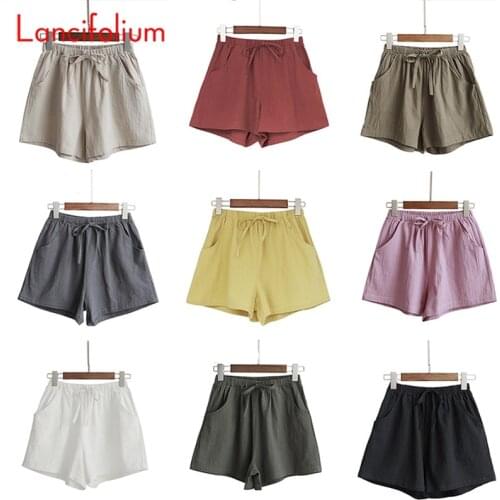 Y2k 10 Color Summer Korean Elastic High Waist Wide Legs Flax Cargo Shorts Cute Cotton Linen Baggy Sashes Black Shorts Women 2021