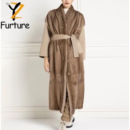New Silver Blue Mink Fur Coat Woolen Sleeves For Woman Girls 120cm Long Woolen Belt Back Design Real Mink Fur Outwear MKW-476