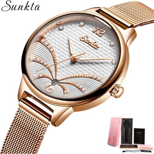 SUNKTA Womens Watches Top Brand Luxury Waterproof Watch Fashion Ladies Stainless Steel Ultra-Thin Casual Wristwatch Quartz Clock