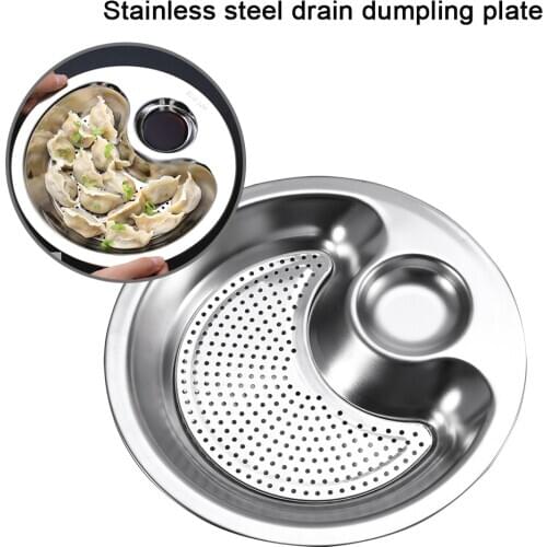 Dumpling Plate Dual-layer Stainless Steel Drain Basket with Mini Spices Vinegar Dish Fruit Tray Serving Platter Tableware