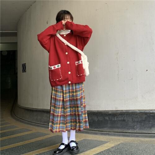 Japanese Mori Girl Preppy Pleated Skirt Soft Girl High Waist Rainbow Skirt Elegant Cute Kawaii Autumn Pastel Plaid Long Skirts