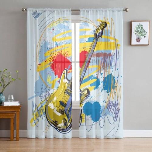 Colorful Guitar Rock Chiffon Sheer Curtains for Living Room Bedroom Home Decoration Window Voiles Tulle Curtain