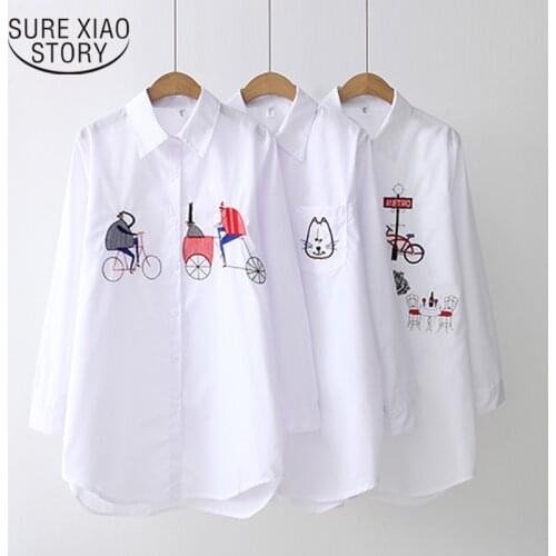 2021 Spring New Fashion White Women Shirt Casual Loose Cotton Embroidery Women Blouse Long Sleeve Turn Down Collar Lady Shirt