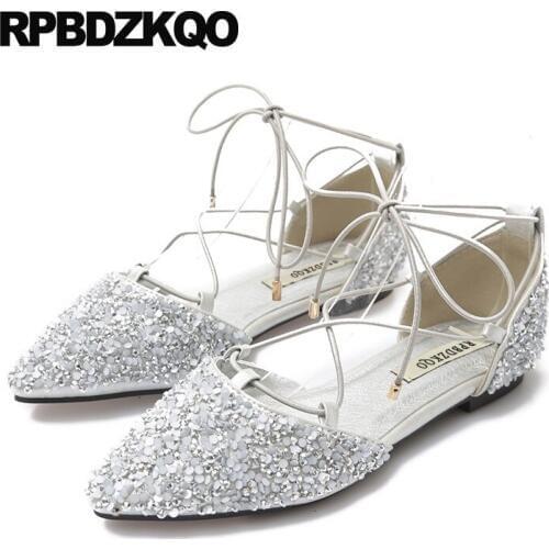 Large Size Glitter China Silver Women Lace Up Pointed Toe Black Chinese Autumn Spring Bling Sequins Single Shoes Sandals Wedding