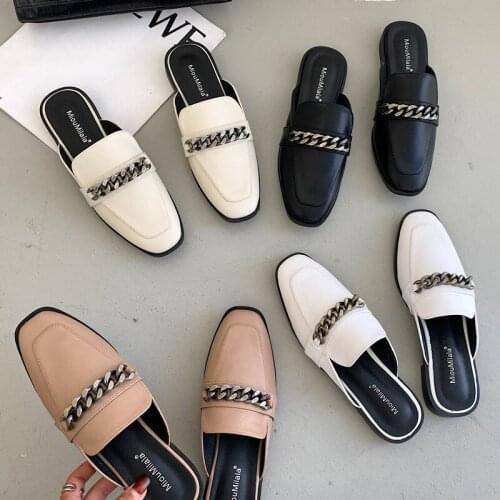2021 Autumn Mules Shoes Women Slides Outdoor Slippers Woman Metal Chain Shoes Slip On Flip Flops