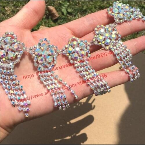 Gold AB crystal tassel trims for hair garments gorgeous flower rhinestone chain with fringe for dancing costume embellishments