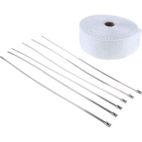 2" x 32ft White Universal Motorcycle Exhaust Heat Wrap Roll Fiberglass Heat Shield Tape with 6pcs Stainless Locking Ties