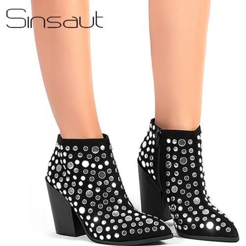 Sinsaut Shoes Women Winter Boots Fashion High Heels Shoes Women Snow Boots Sexy Rivets Pointed Toe Women Ankle Boots