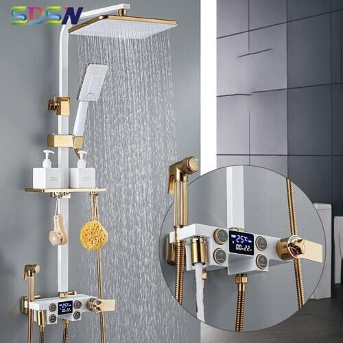 Digital Bathroom Shower Set White Gold Bathroom Shower Mixer System Spa Rainfall Shower Head Thermostatic Bath Shower Mixer Set