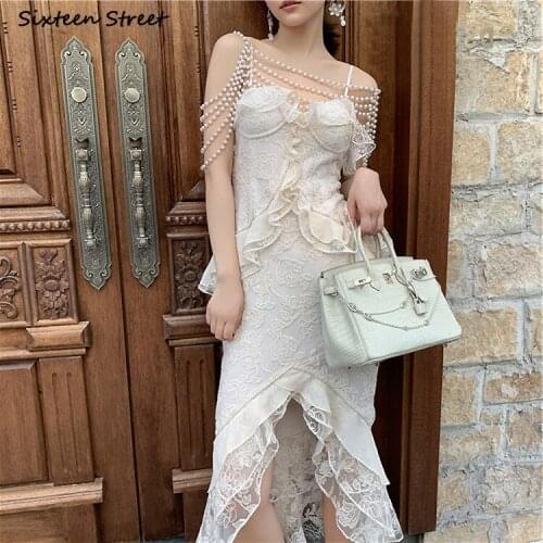 Elegant Pearl Trumpet Dresses Woman Ruffles Apricot Lace Evening Party Dress Vestidos Sleeveless Sexy Woman Maxi Straped Dress