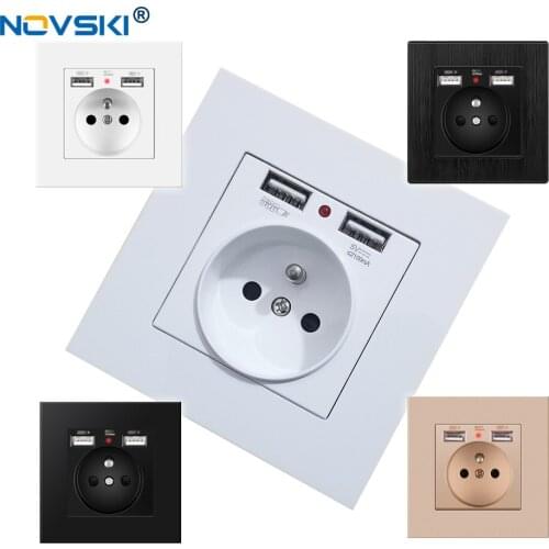 French Outlet Socket PC Panel, Français Wall Socket 250V Grounded, 2100mA USB Rapid Charger Plug Dual Port