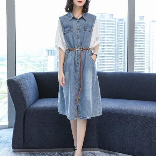 Summer womens dress 2021 traf Large womens dress foreign style show thin denim dress fat sister cover belly age reduction